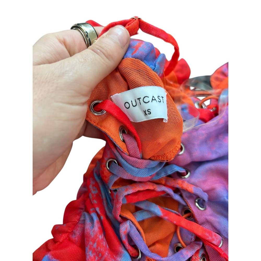 Outcast Madrid XS Red Purple Tie Dye Ruched Mesh Lace Up Ruffle Mini Dress - Picture 7 of 7